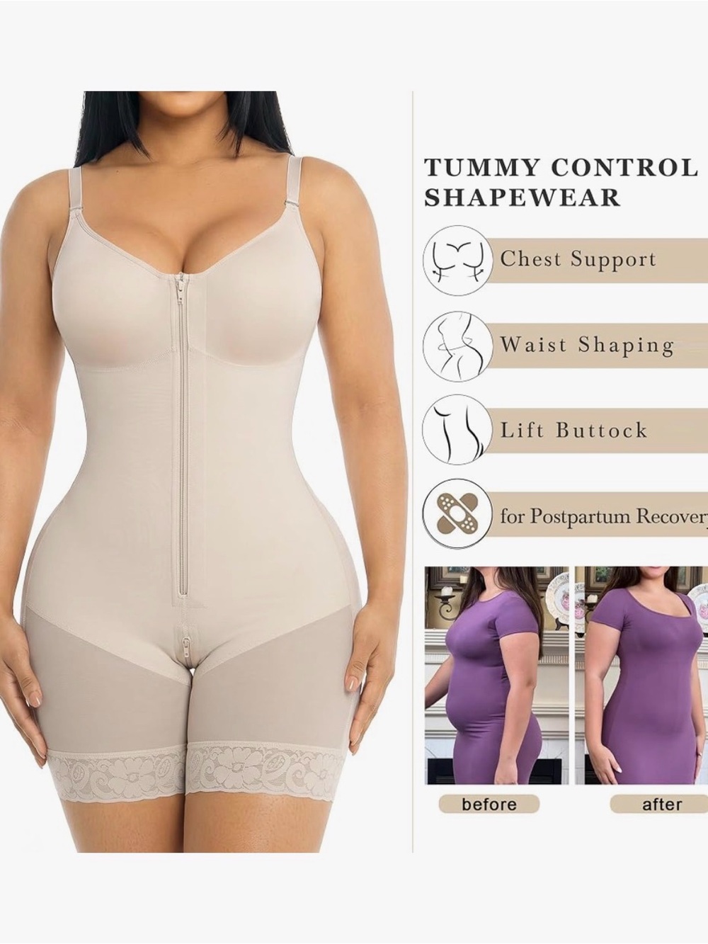 New With Tags Seamless Nude Beige Mid-Thigh Zip Bodysuit Shapewear